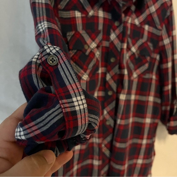 True Religion Collared Western Pocket Red Blue Plaid button up women Shirt large - Picture 14 of 16